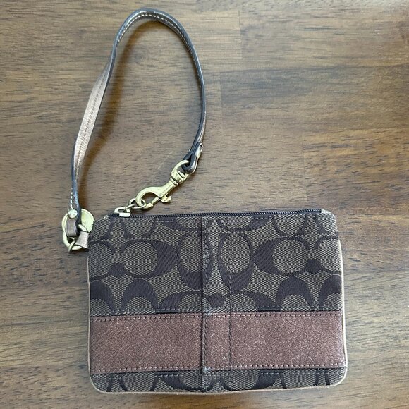 Coach Signature Collection Wristlet Brown C Logo Leather Trim Small Zip Pouch - Picture 5 of 8